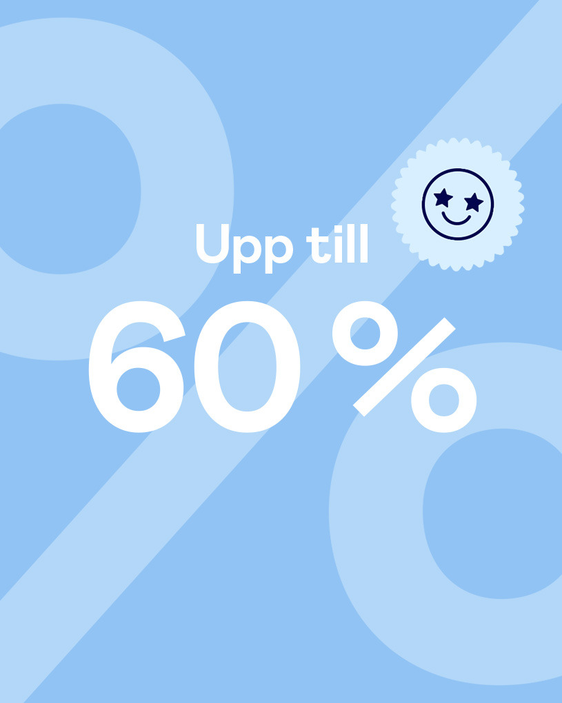 Ljusblå bakgrund med stora procenttecken och texten Upp till 60 %, samt rund ikon med leende ansikte.