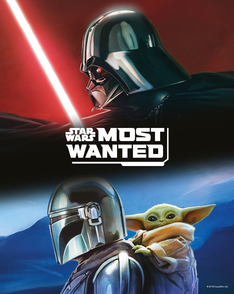 Darth Vader med ljussabel, med texten 'STAR WARS MOST WANTED'.